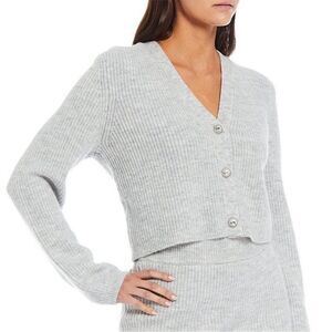 Gianni Bini Dani Cardigan Sweater Rhinestone Button Ribbed‎ Gray Large